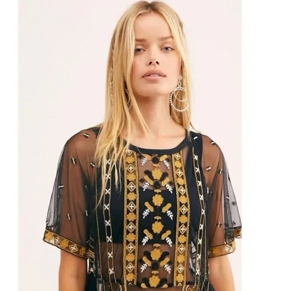 Free People Sabrina sheer Black and Gold Embroidered Midi Dress - Picture 5 of 8